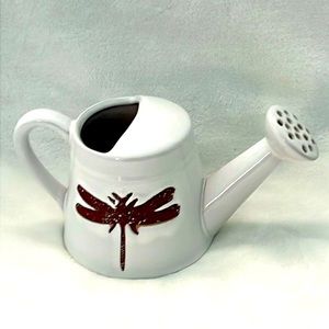 Dragonfly Ceramic watering can tabletop decor white and brown NWT